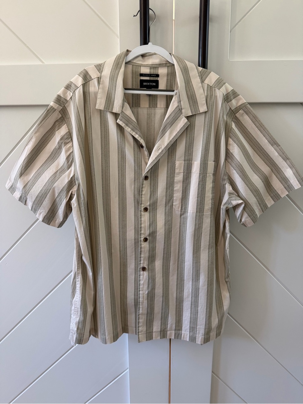 Brixton Short-Sleeve Vertical Stripe Button-Up Shirt in Beige and Olive